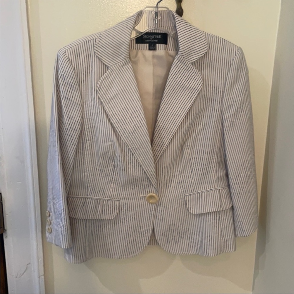Signature cream with blue stripe blazer, skirt and pants suit set